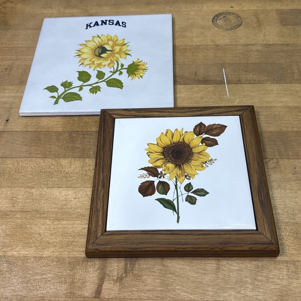 Vintage Sunflower Decor Set Kansas Ceramic Tile Trivet
